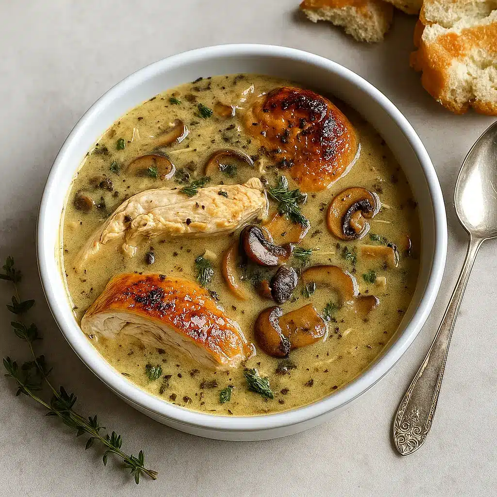 Bowl of creamy Rotisserie Chicken Mushroom Soup with mushrooms and parsley