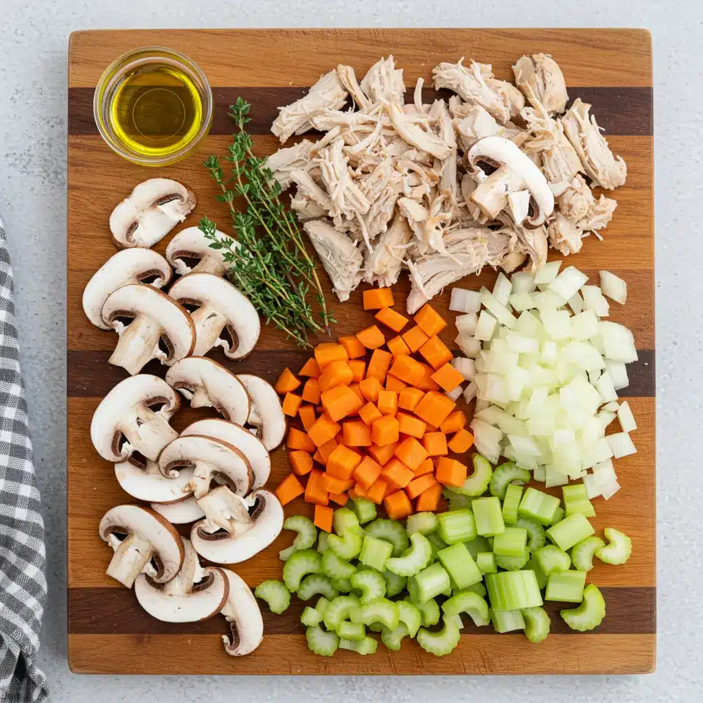 Rotisserie Chicken Mushroom Soup ingredients on rustic wooden board