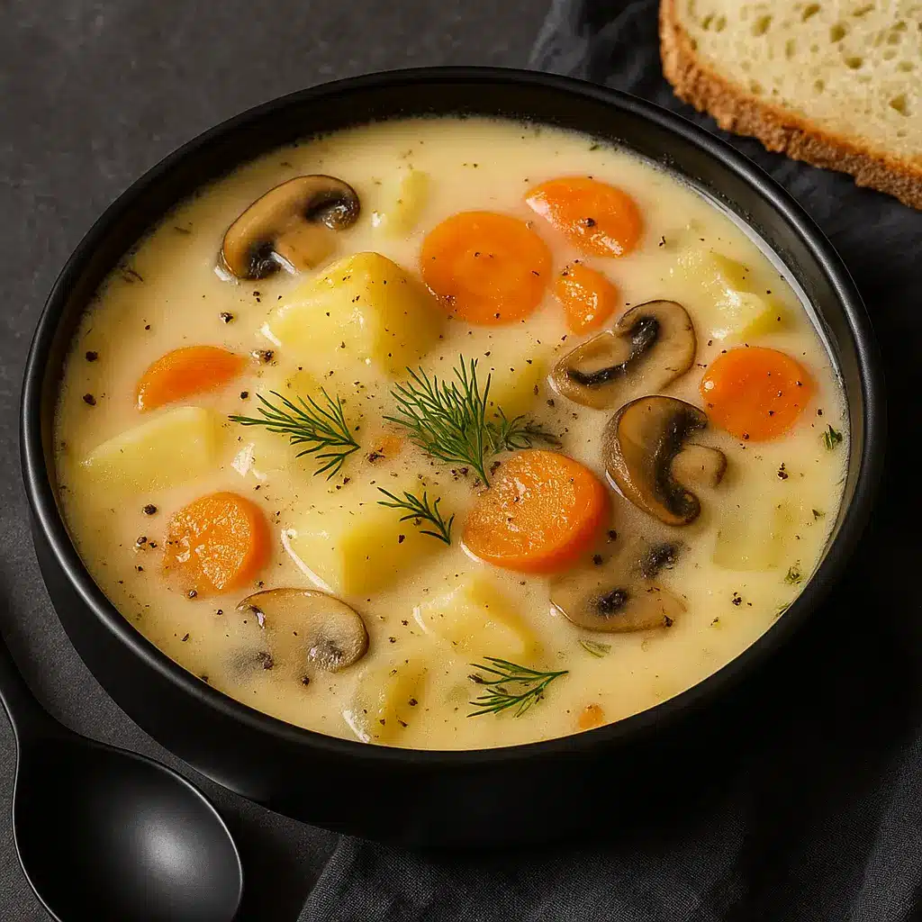 Russian Potato and Mushroom Soup Recipe served with dill