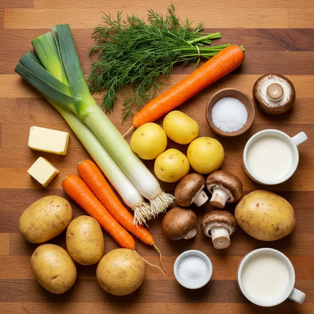 Russian Potato and Mushroom Soup Recipe ingredients flat lay
