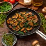 Sauteed Mushrooms with Spinach in skillet on wooden table