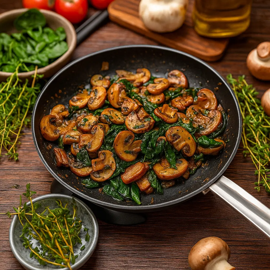 Sauteed Mushrooms with Spinach in skillet on wooden table