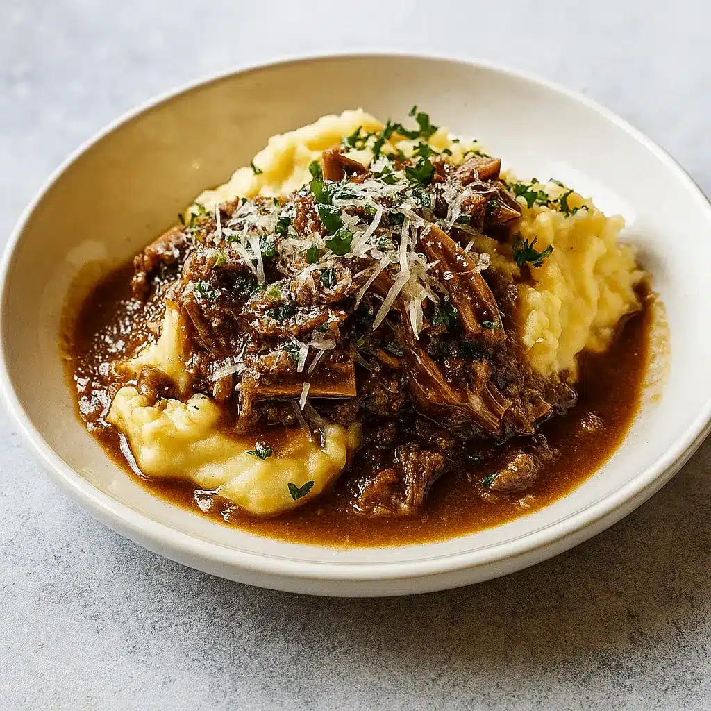 Short Rib Ragu with Parmesan Mashed Potatoes served in a rustic bowl