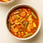 Simple Chicken Vegetable Soup served in rustic bowl with bread