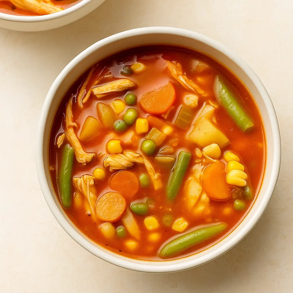 Simple Chicken Vegetable Soup served in rustic bowl with bread