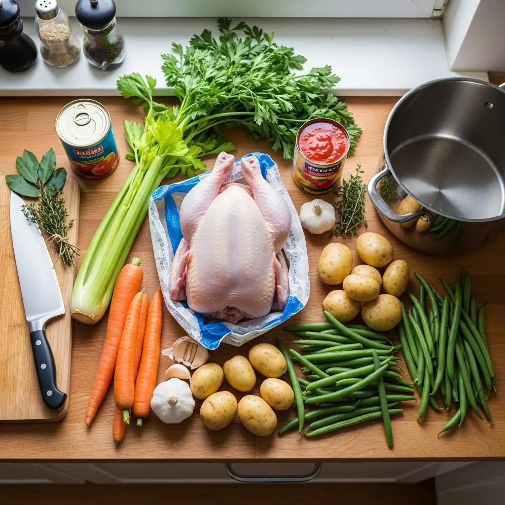 Ingredients for simple chicken vegetable soup on wooden surface