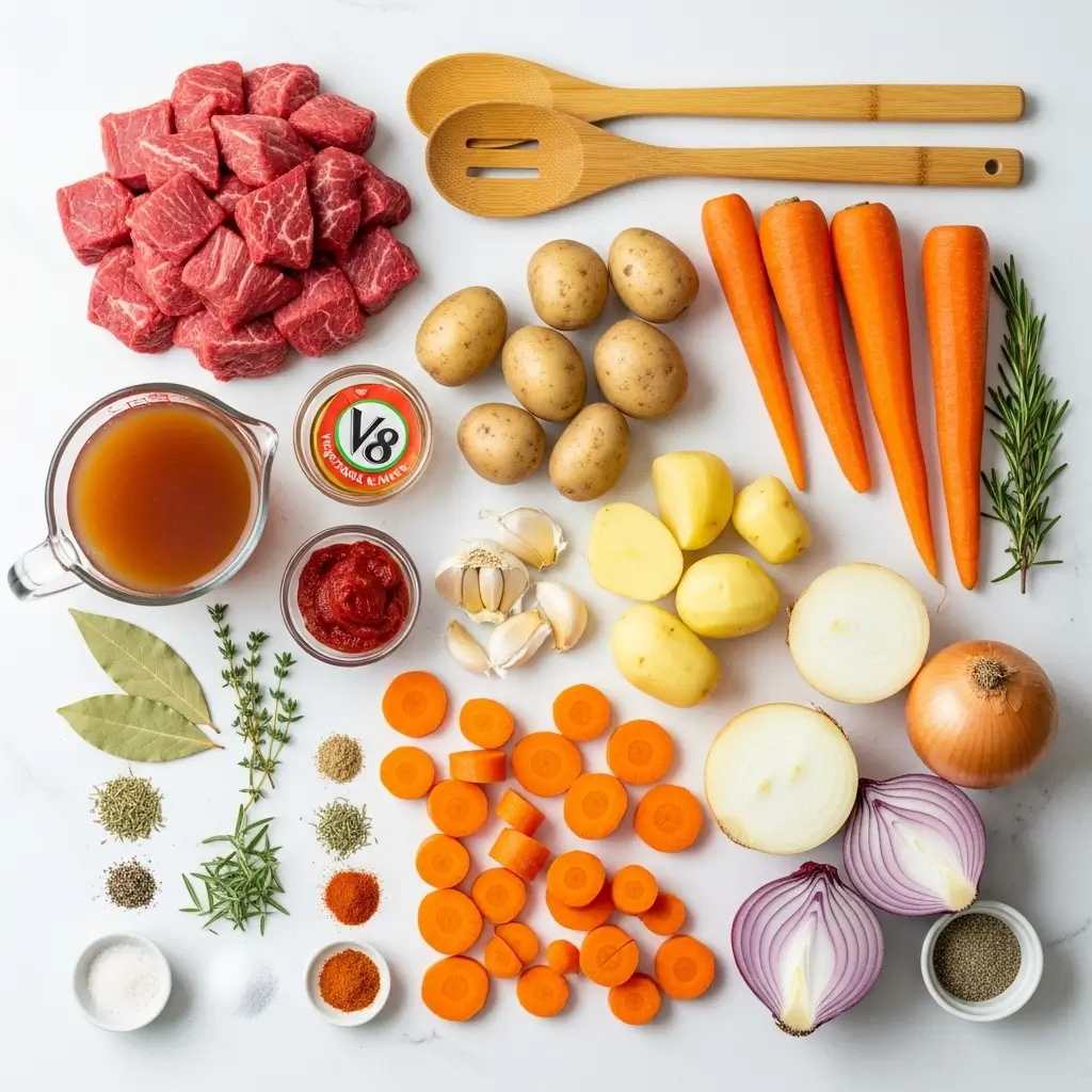 Slow Cooker Beef Stew Ingredients Laid Out