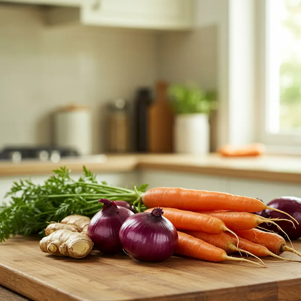 slow cooker carrot soup ingredients on rustic table