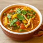 Slow Cooker Chicken Fajita Soup in a rustic bowl with peppers and lime