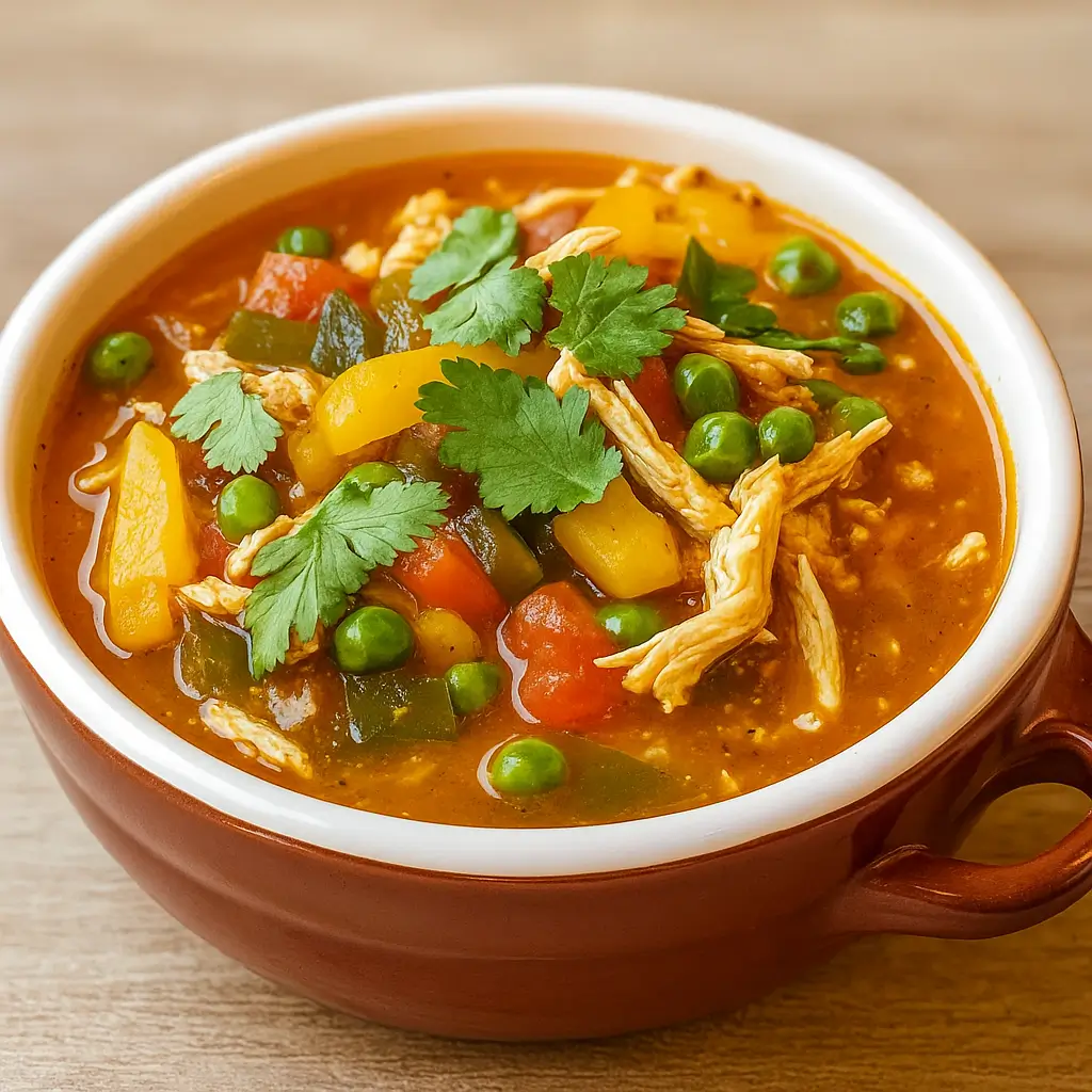 Slow Cooker Chicken Fajita Soup in a rustic bowl with peppers and lime