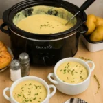 Slow Cooker Potato Leek Soup in a rustic bowl with chives