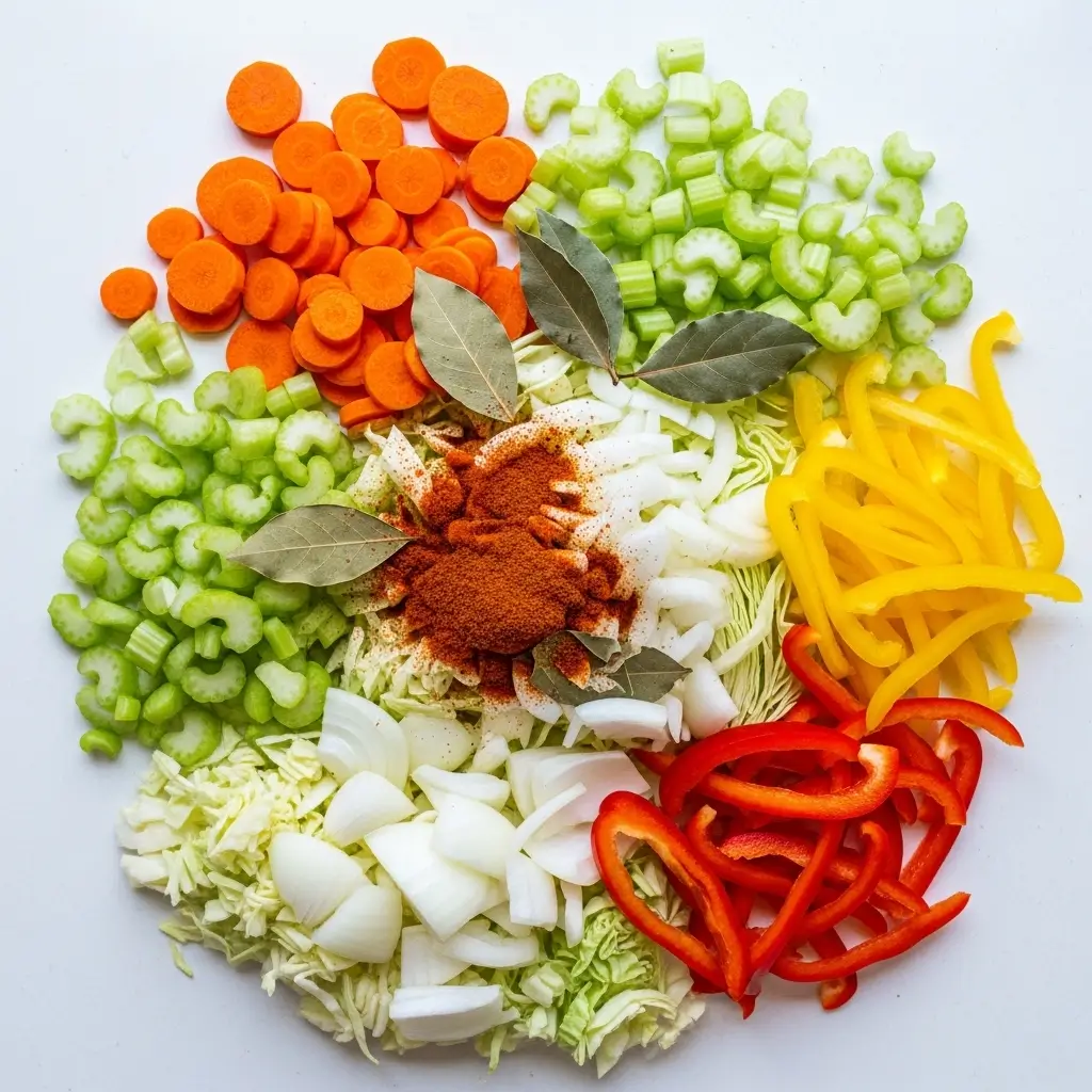 Ingredients for spicy cabbage detox soup on kitchen counter