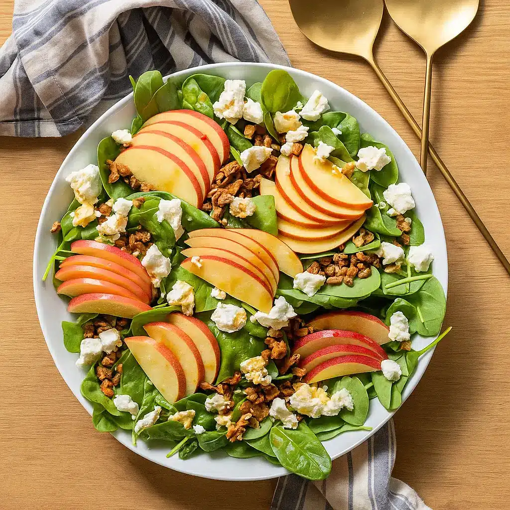 Spinach Apple Pecan Salad with goat cheese and vinaigrette