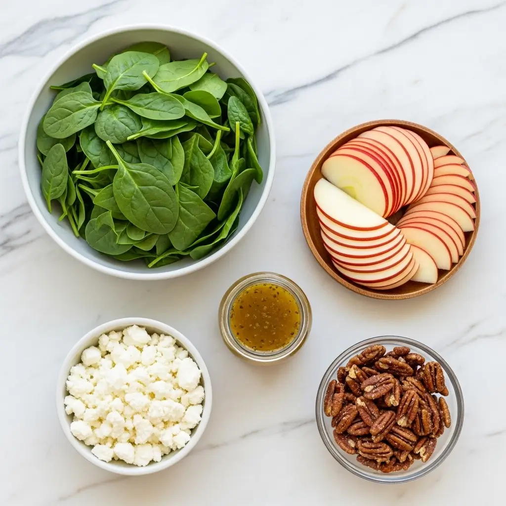 Ingredients for Spinach Apple Pecan Salad laid out on counter