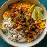 street corn chicken rice bowl with grilled chicken and lime crema