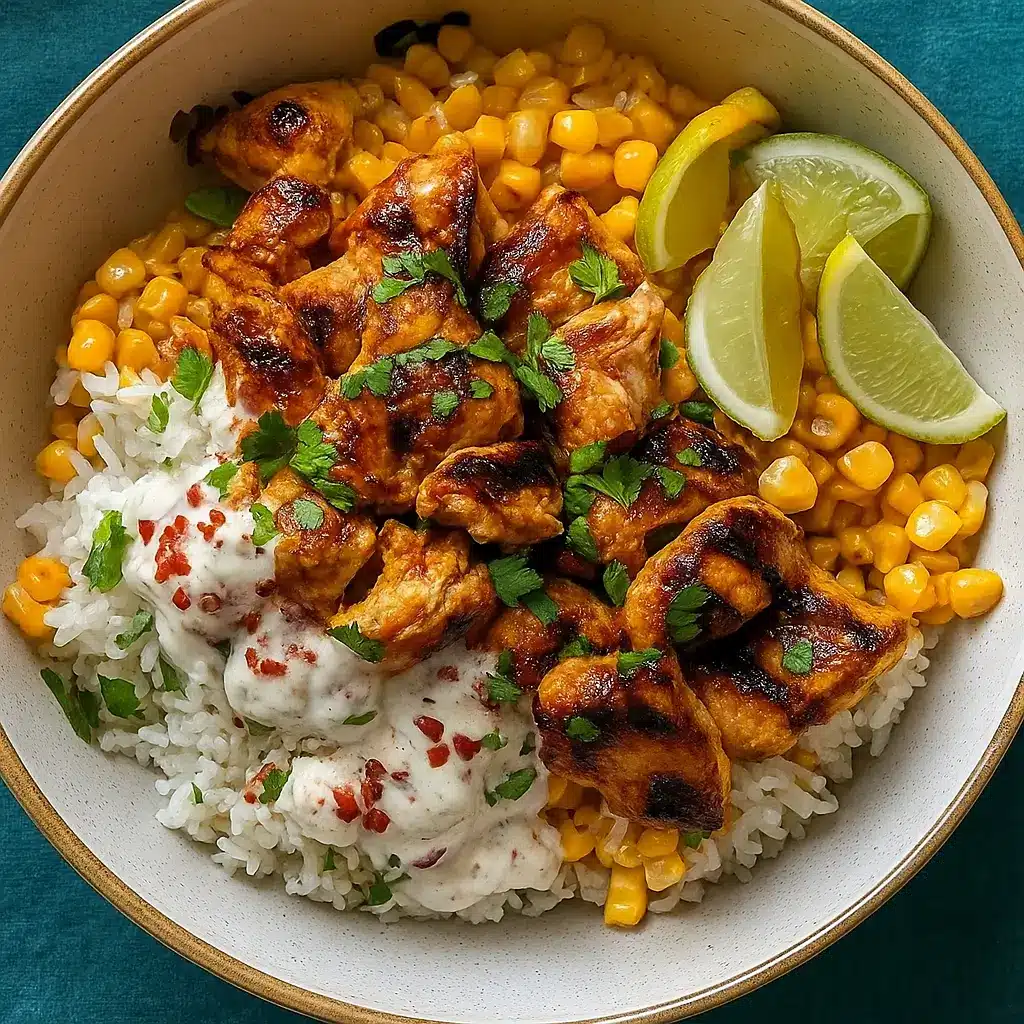 street corn chicken rice bowl with grilled chicken and lime crema