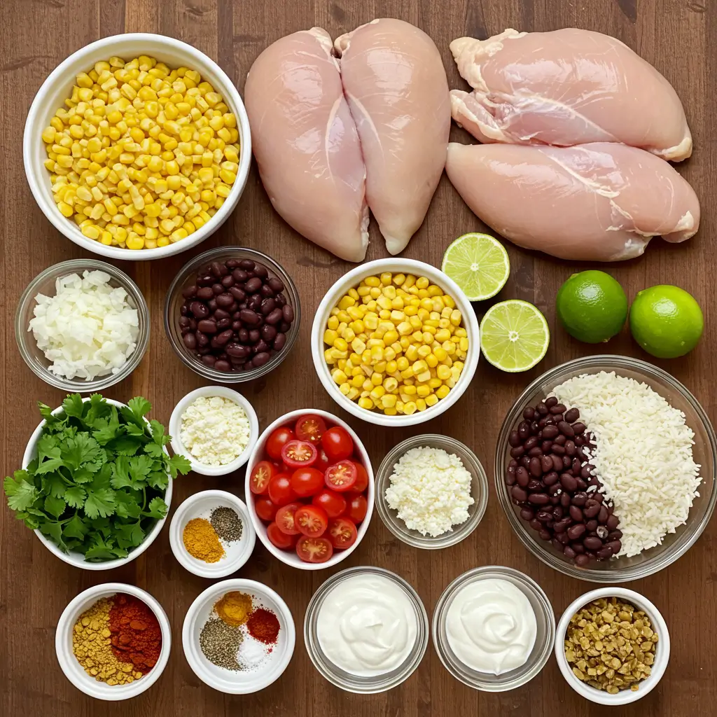 street corn chicken rice bowl ingredients on wooden surface