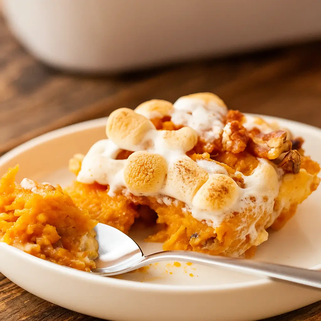 Sweet Potato Casserole with Marshmallows topped with pecans