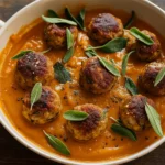 Turkey Meatballs in Pumpkin Sage Sauce served over pasta