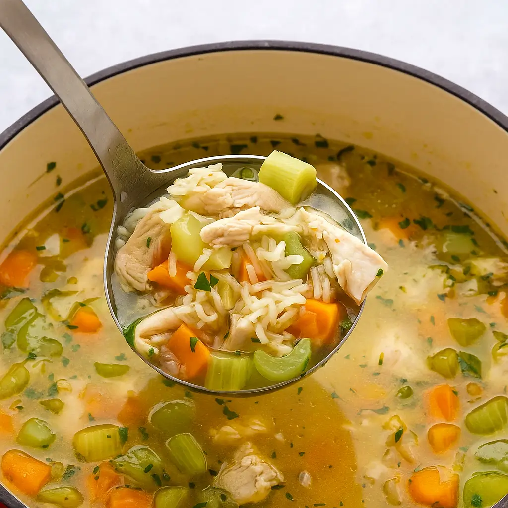 Turkey Soup with Rice in a rustic bowl
