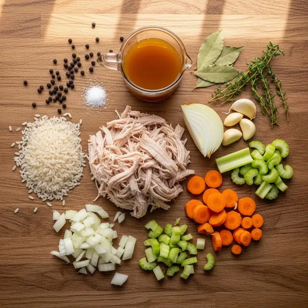 Turkey Soup with Rice ingredients laid out