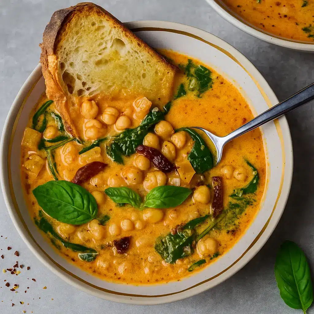Bowl of Tuscan Chickpea Soup garnished with basil.