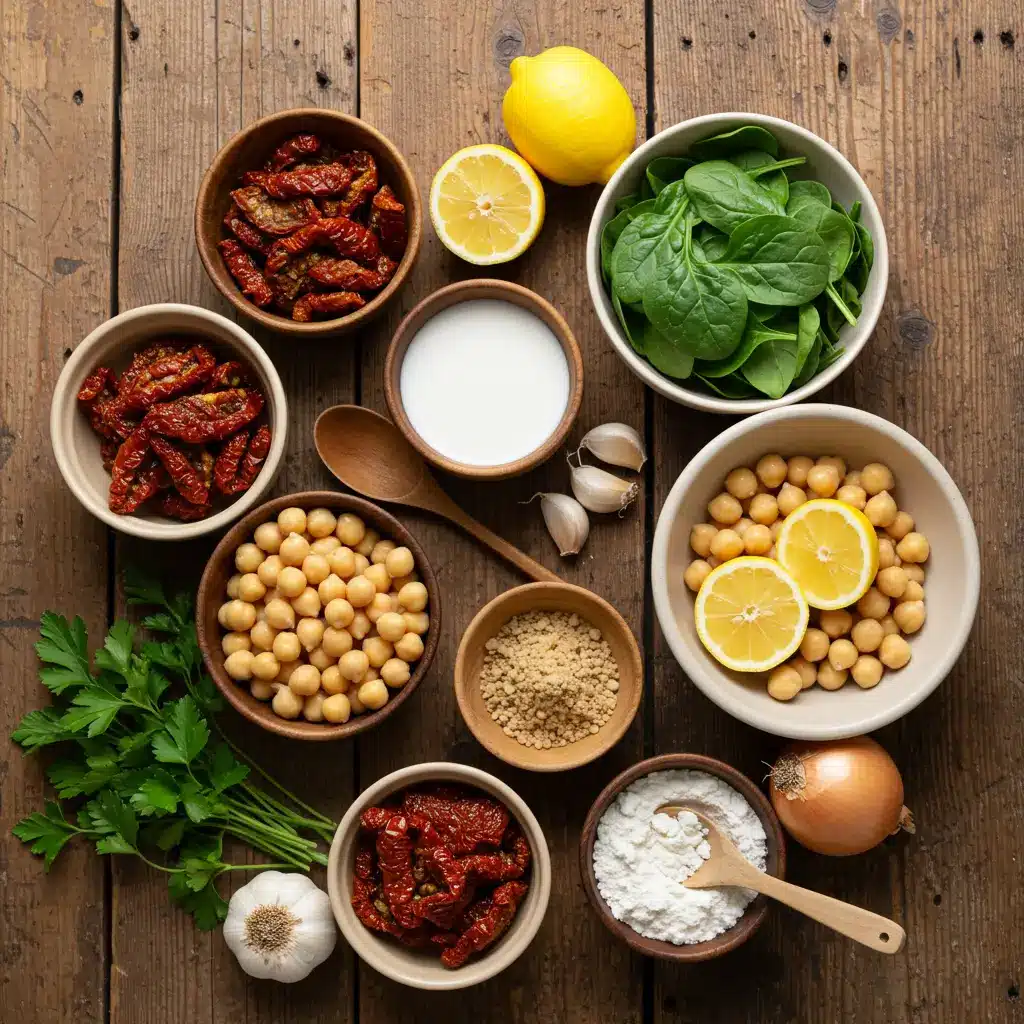 Tuscan Chickpea Soup ingredients displayed on wooden table.