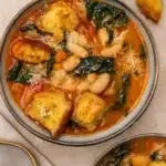 Tuscan White Bean Soup served hot with croutons and kale