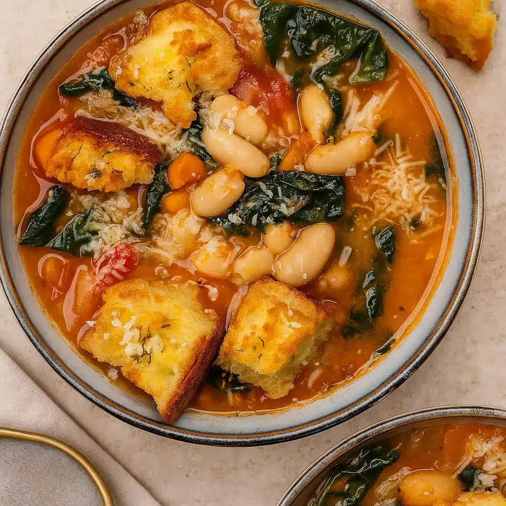 Tuscan White Bean Soup served hot with croutons and kale