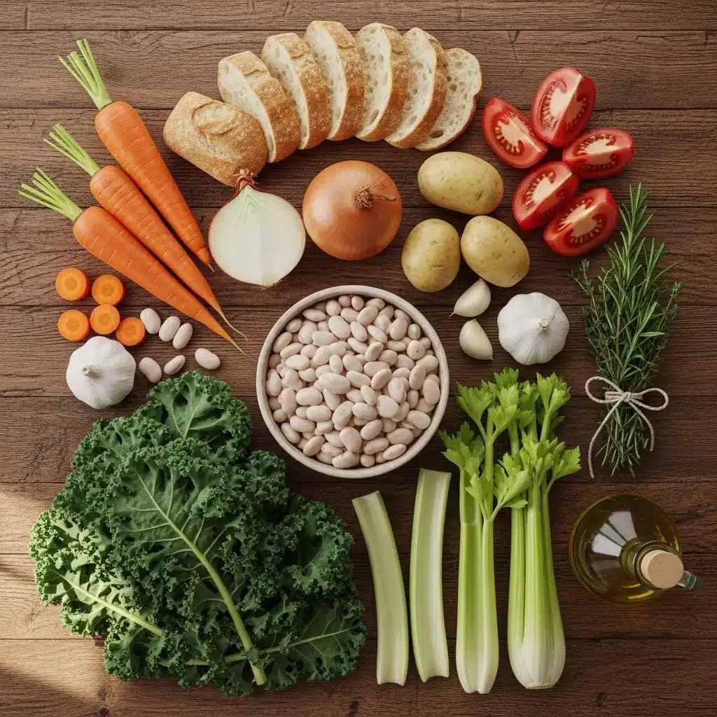 Ingredients for Tuscan White Bean Soup laid out on a wooden counter
