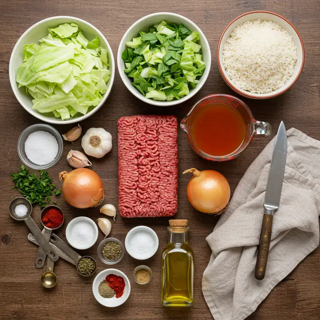 Unstuffed Cabbage Rolls ingredients displayed on a kitchen counter