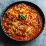 One-pot Unstuffed Cabbage Rolls simmering in a skillet