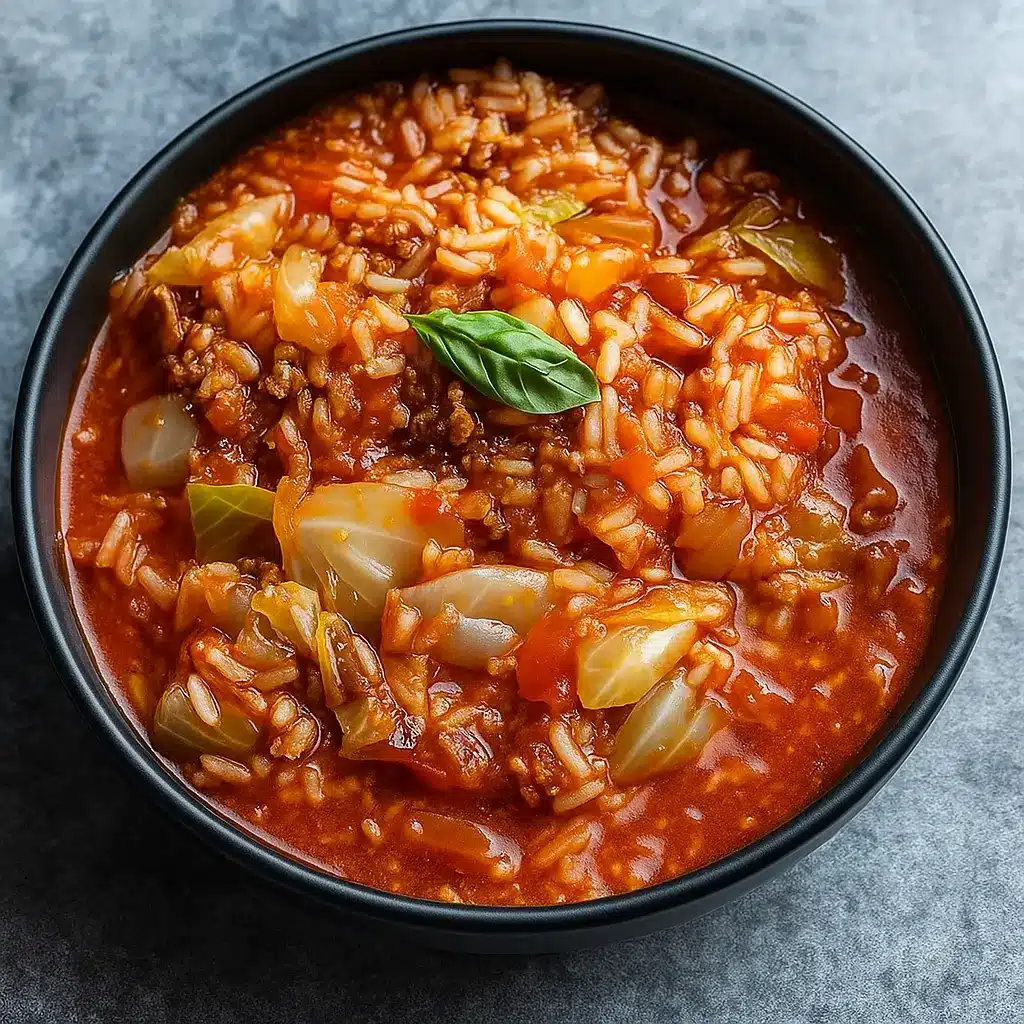 One-pot Unstuffed Cabbage Rolls simmering in a skillet