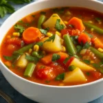 vegan vegetable soup in rustic bowl