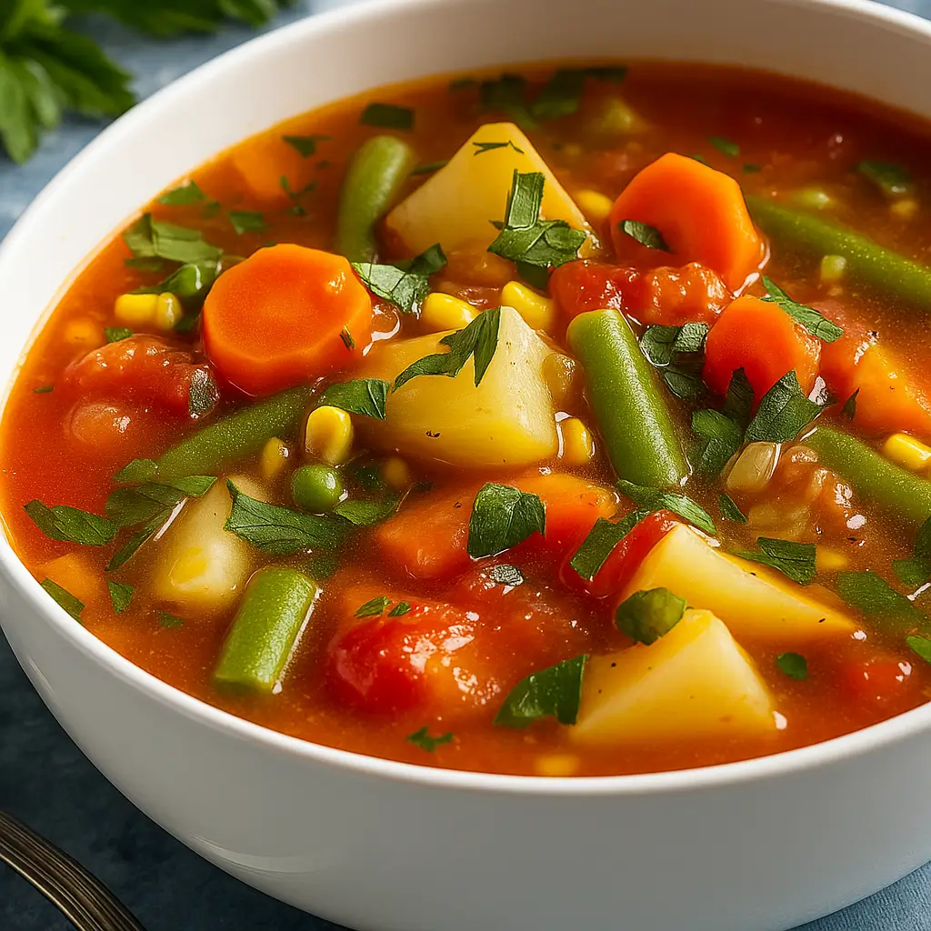 vegan vegetable soup in rustic bowl