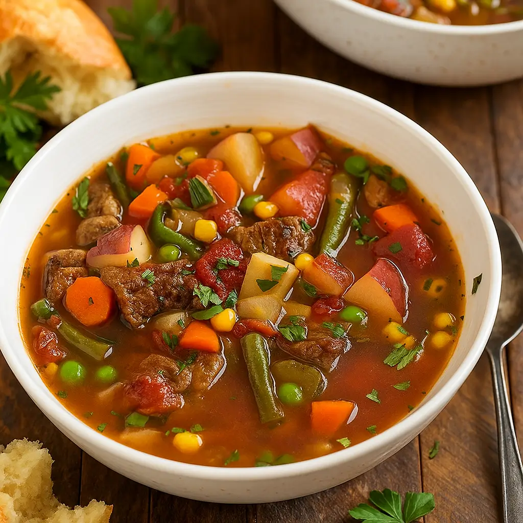 Vegetable Beef Soup in a rustic bowl with hearty vegetables.
