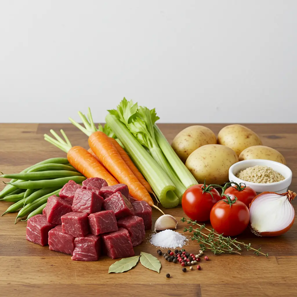 Fresh ingredients for Vegetable Beef Soup on kitchen counter.