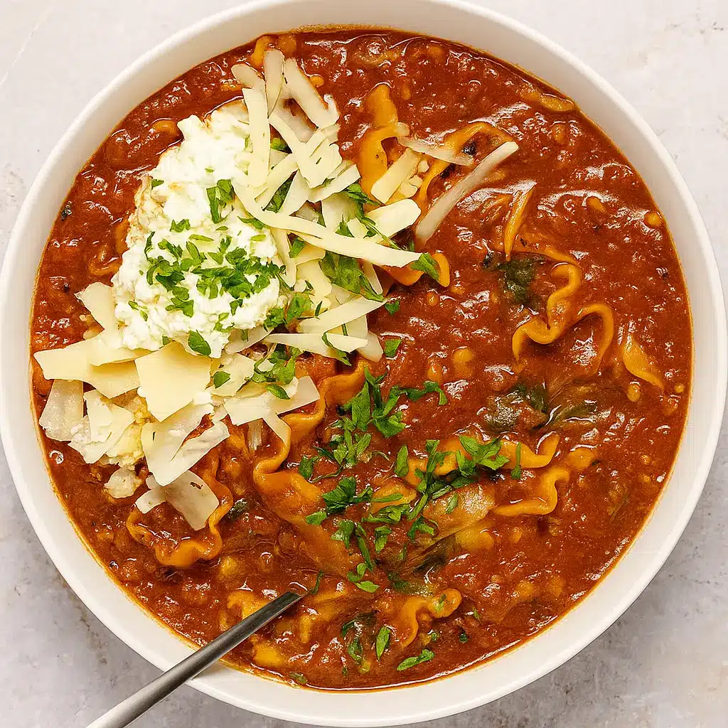 steaming bowl of vegetarian one pot lasagna soup