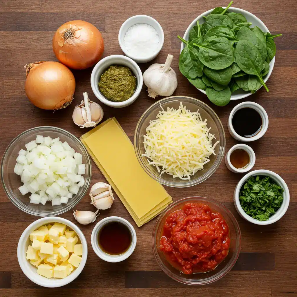 vegetarian one pot lasagna soup ingredients on wooden table