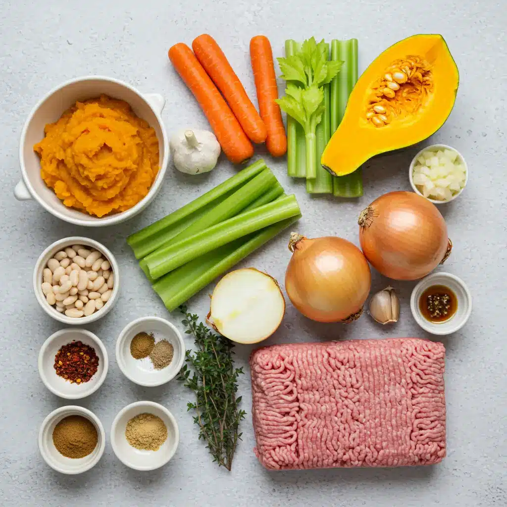 white bean pumpkin chili ingredients flat lay