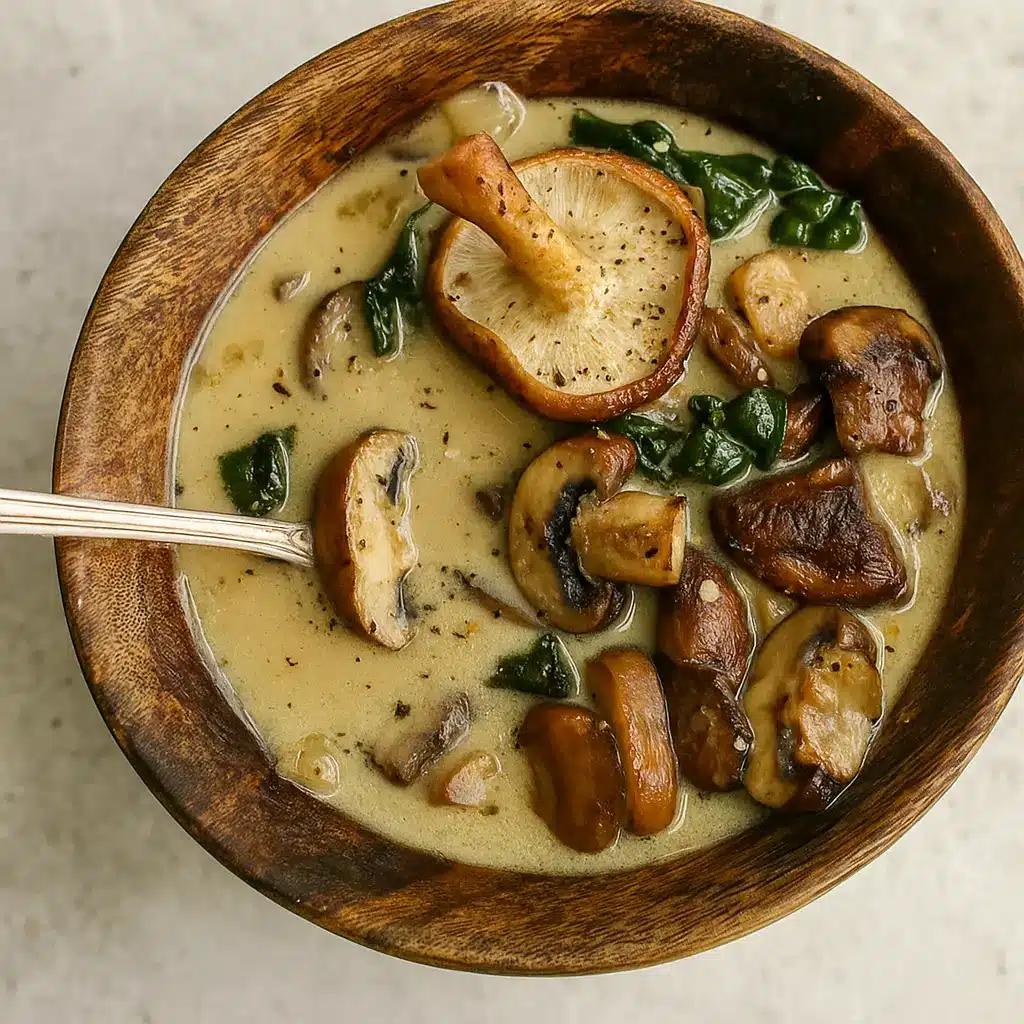 Wild Mushroom, Caramelized Onion and Kale Soup in rustic bowl