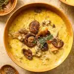 Wild Rice and Mushroom Soup in bowl with bread