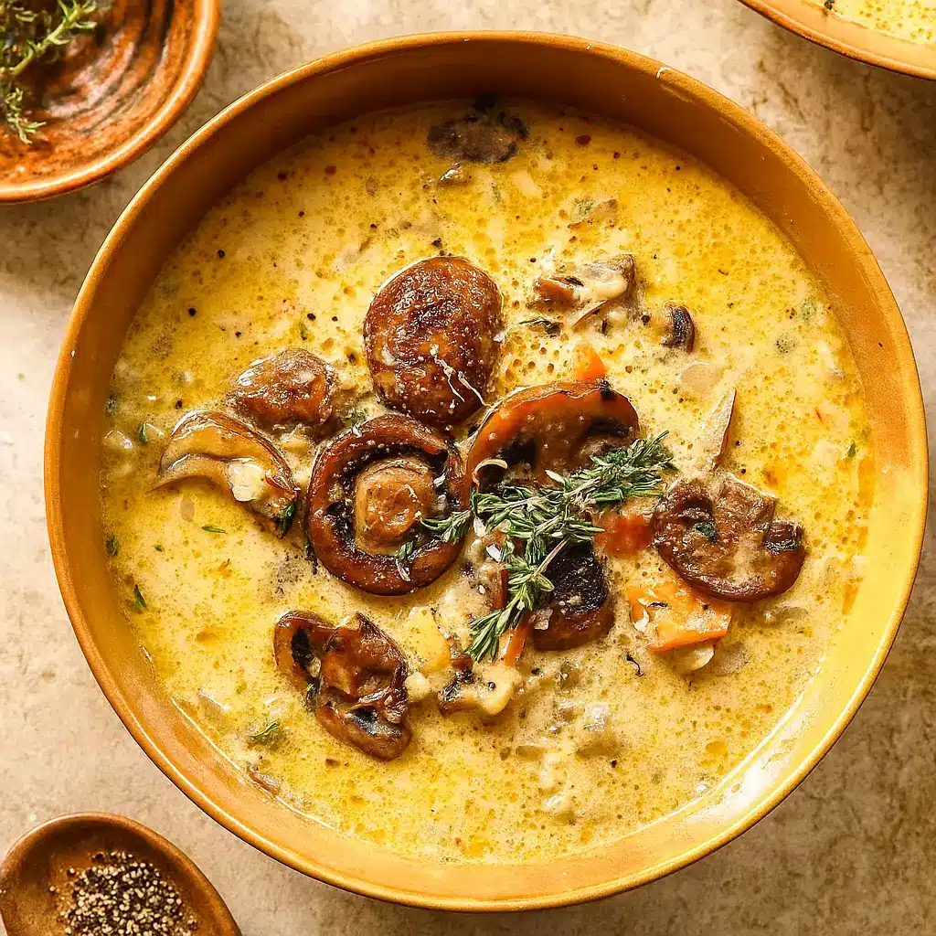 Wild Rice and Mushroom Soup in bowl with bread