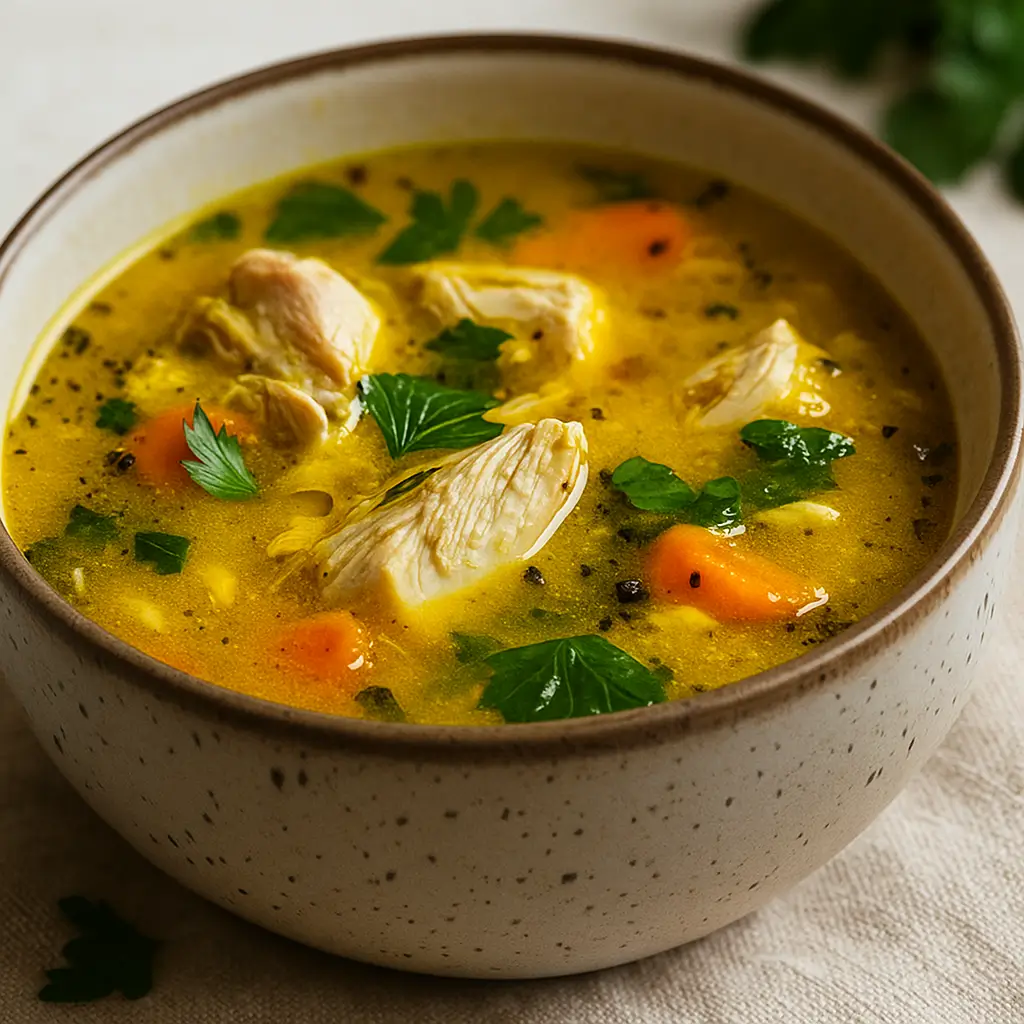 Best Anti-Inflammatory Turmeric Chicken Soup in a rustic bowl