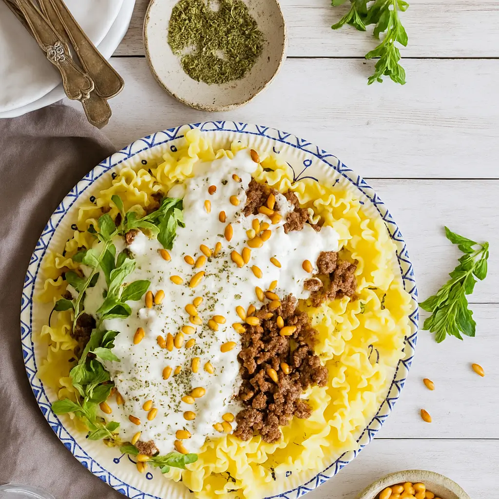 Arabic Pasta with Yogurt Sauce served in a bowl