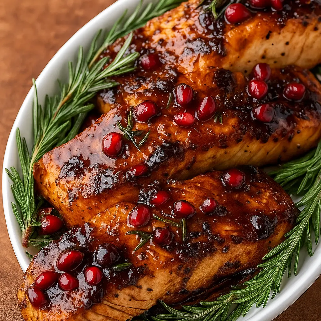Baked Christmas Salmon with maple-Dijon glaze on holiday table