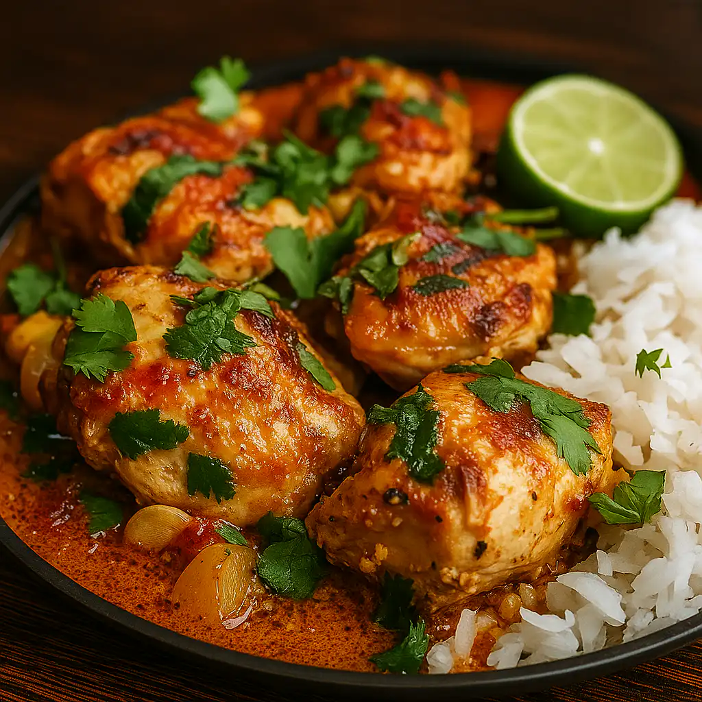 baked coconut chili chicken thighs in baking dish