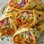 BBQ Chicken Coleslaw Wraps sliced on a board