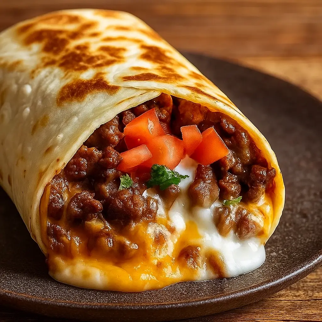 Beefy Melt Burrito with melted cheese and beef filling