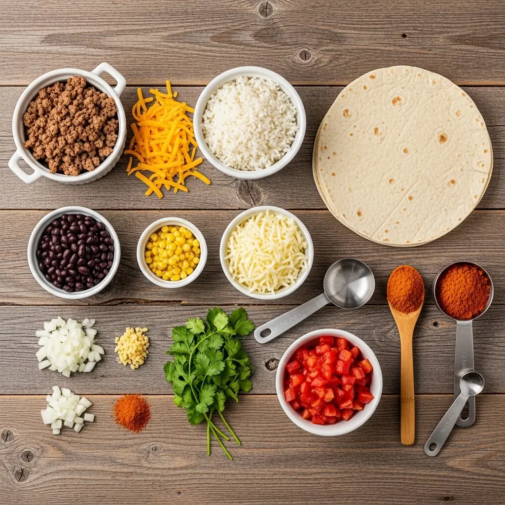 Beefy Melt Burrito ingredients laid out on wooden surface